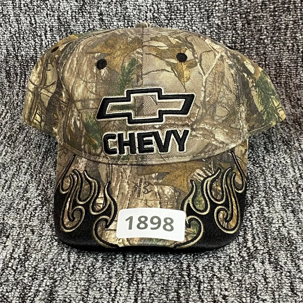 Vintage Chevy Camo Hat Realtree Xtra Embroidered Flames Signatures Stretch L XL